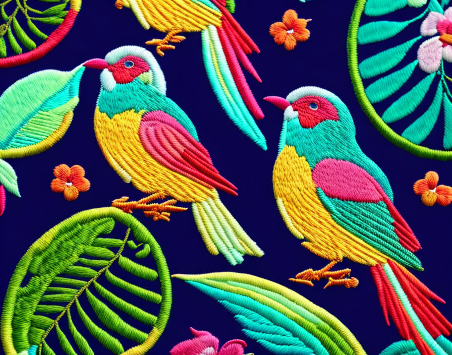 Colorful Bird and Floral Embroidery on Dark Background