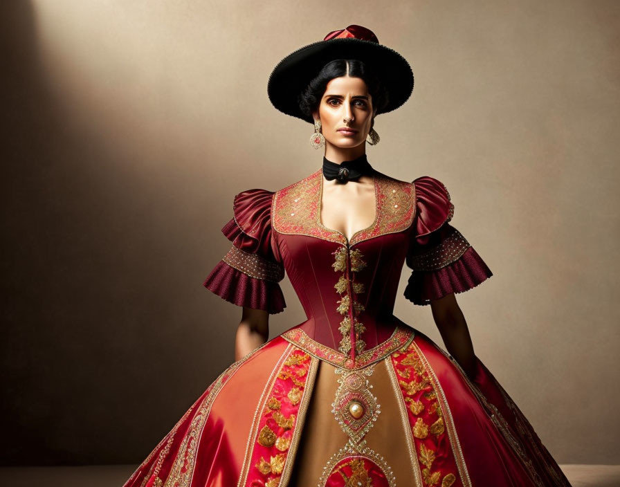 Traditional Burgundy Gown with Gold Embroidery and Wide-Brimmed Hat Pose