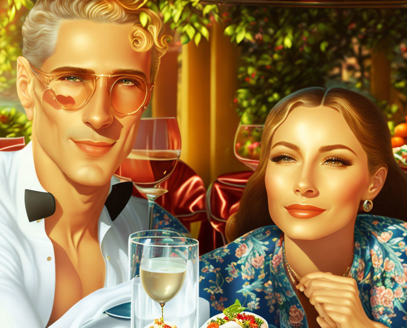 Smiling couple enjoying outdoor meal with wine glasses