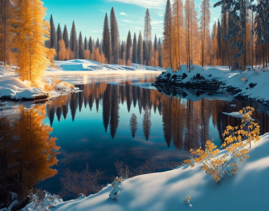 Tranquil snow-covered shoreline by a calm lake in autumn-winter