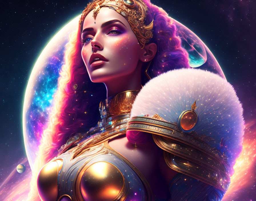 Golden-armored woman in cosmic setting with vibrant nebulae and full moon