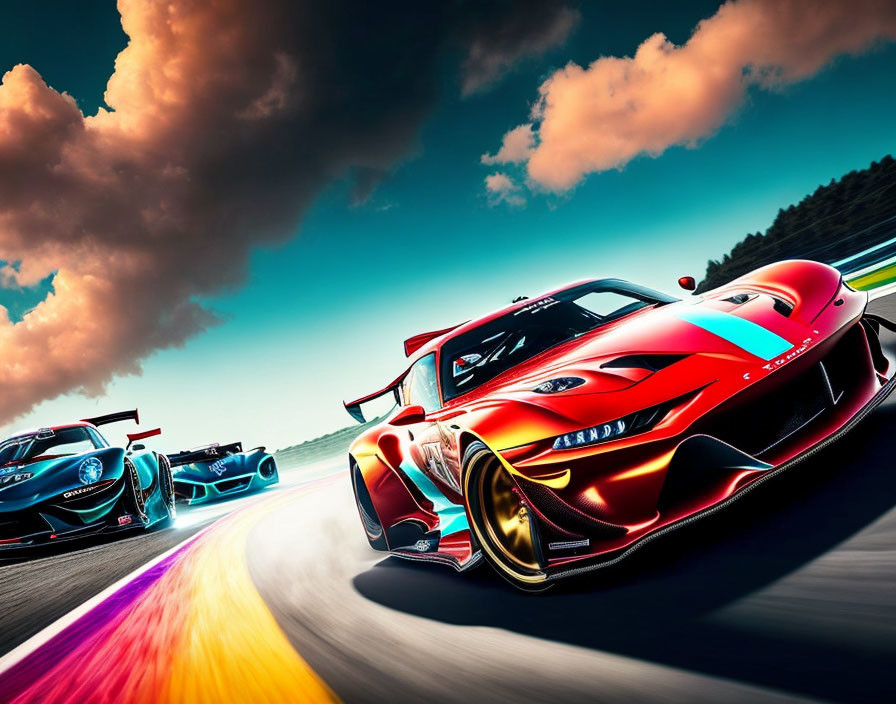 Three high-performance racing cars in dynamic motion blur on racetrack