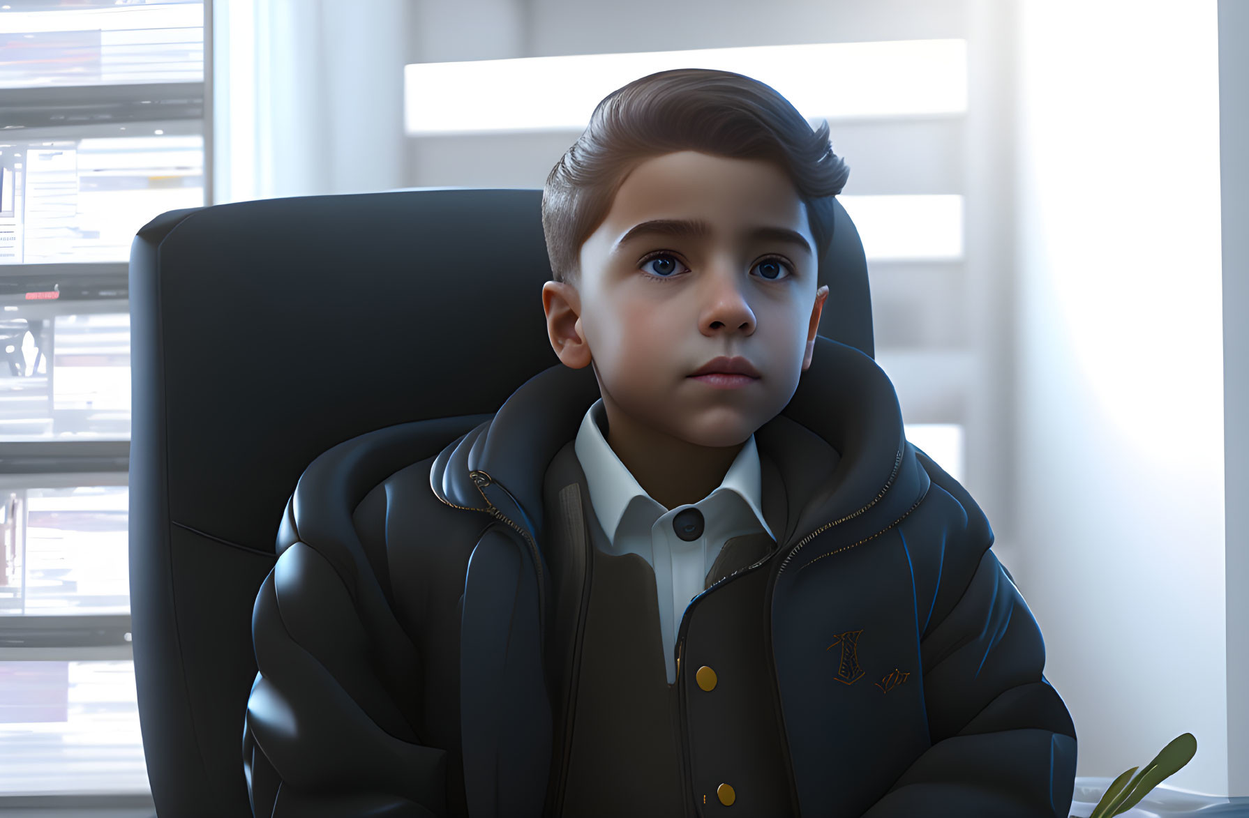 Young boy in coat and shirt gazes pensively, indoor window blinds in background