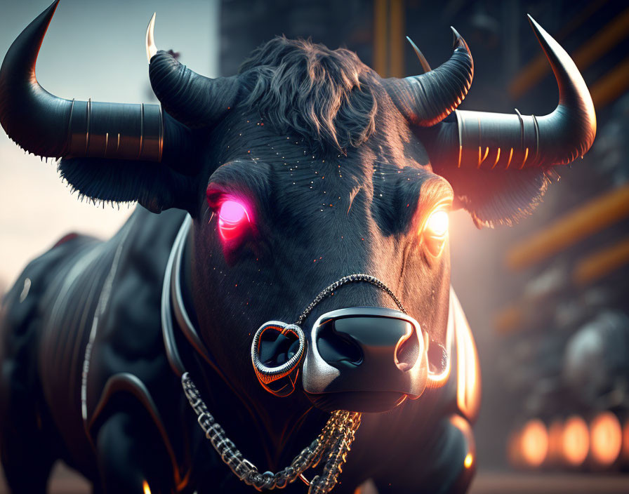 Stylized digital image of bull with red eyes and gold-tipped horns