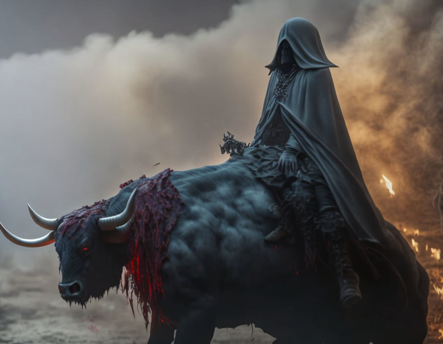 Cloaked figure on menacing bull in eerie landscape