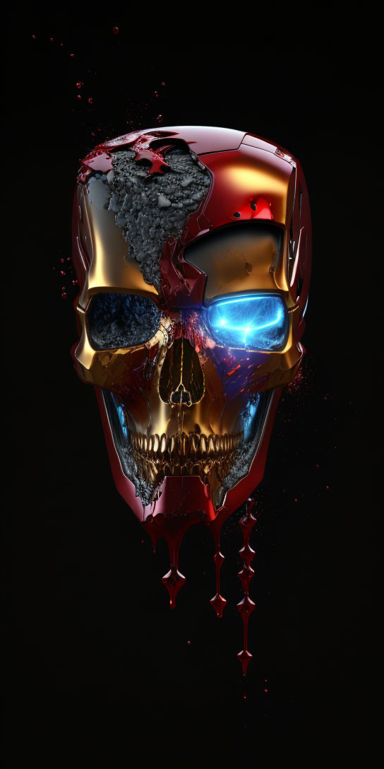 Metallic Skull with Red and Gold Finish, Glowing Blue Eyes, and Black Viscous Substance