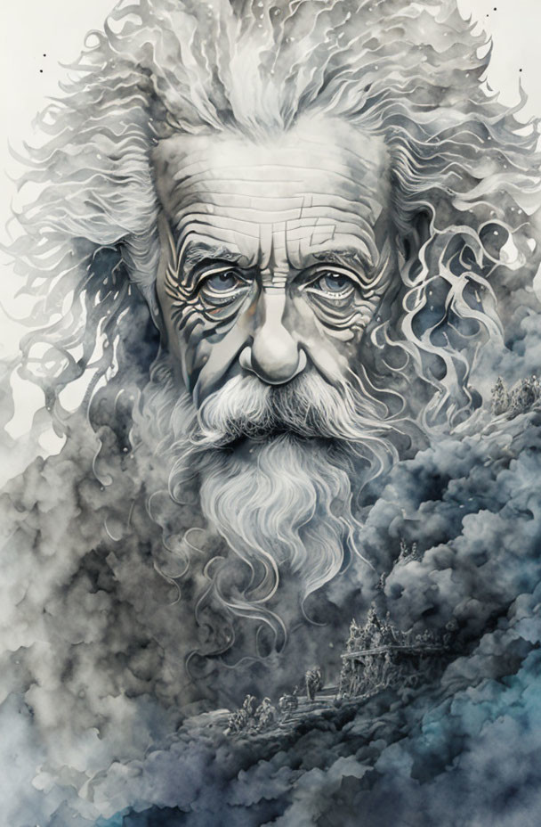 Detailed grayscale illustration of a bearded man in thoughtful pose, with expressive eyes, surrounded by swirling mist