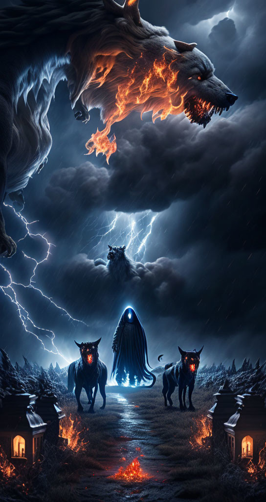 Mystical figure in blue cloak with wolves and three-headed dog under stormy sky