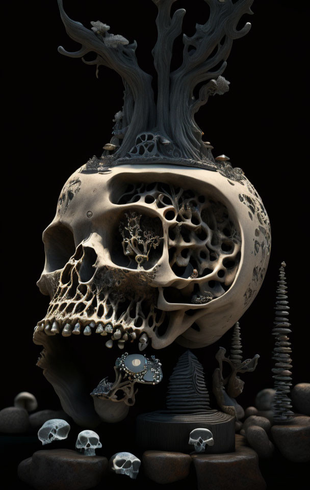 Detailed surreal artwork: large skull, intricate tree-like structures, smaller skulls, rocks.