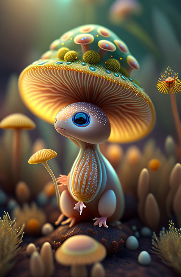 Illustration: Whimsical creature with mushroom cap in magical forest.