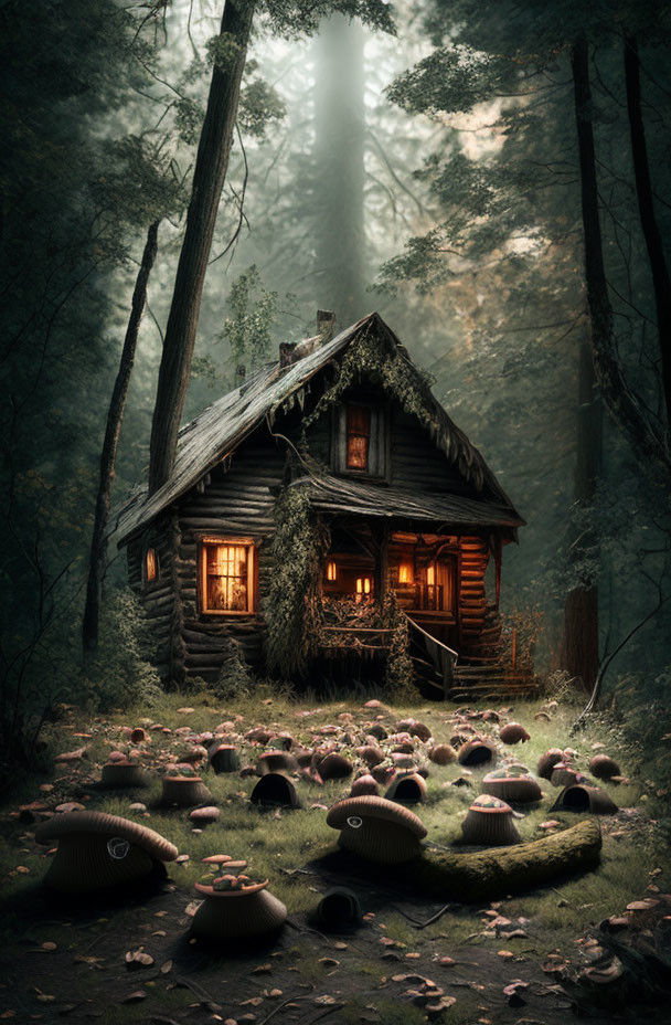 Cozy wooden cabin in foggy forest with clay pots