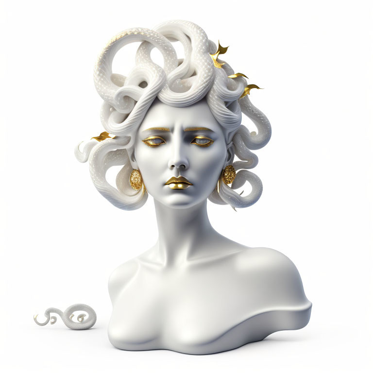 Medusa Head Statue 3D Rendering with White Skin and Golden Eyes