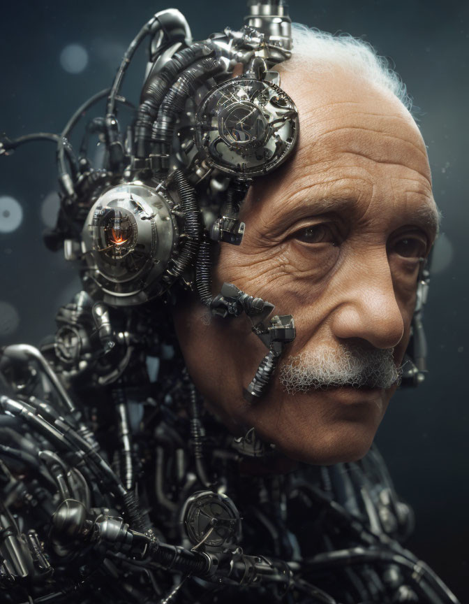 Elderly man with cybernetic enhancements and mechanical parts on head and neck