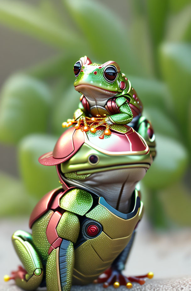 Colorful Digital Illustration: Stacked Frogs with Robotic Enhancements