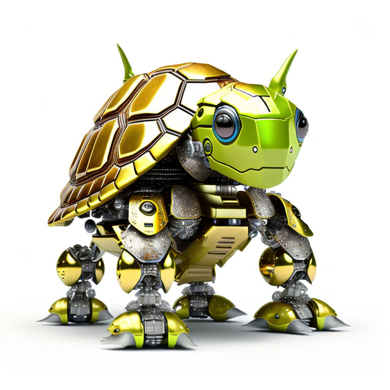 Futuristic robotic turtle with golden and green armor and two smaller robots on white background