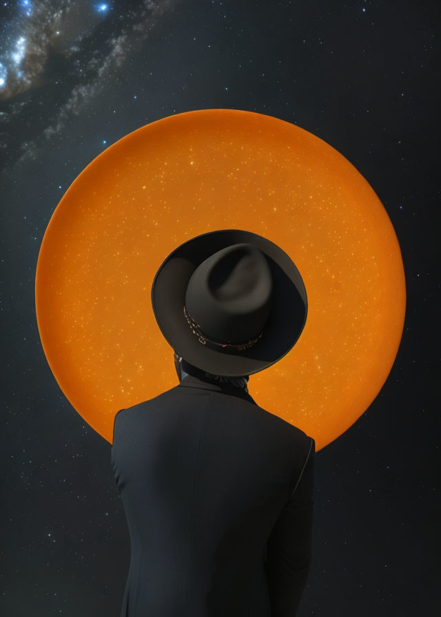 Person in suit and wide-brimmed hat under night sky with glowing orange circle.