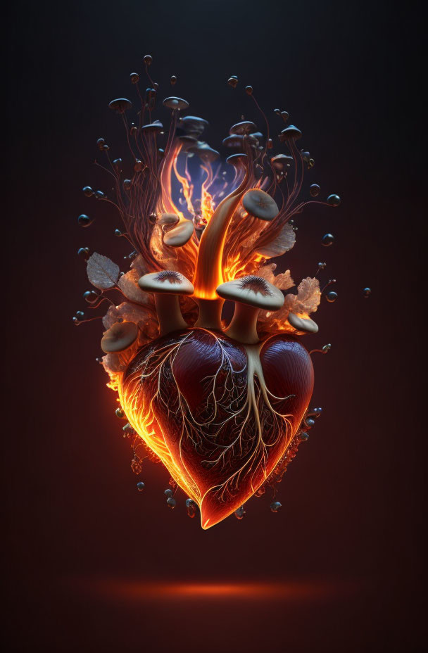 Surreal human heart with flames and mushrooms in ethereal glow