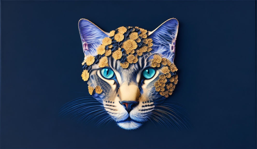 Digital image of cat head with blue eyes and golden flowers on navy background