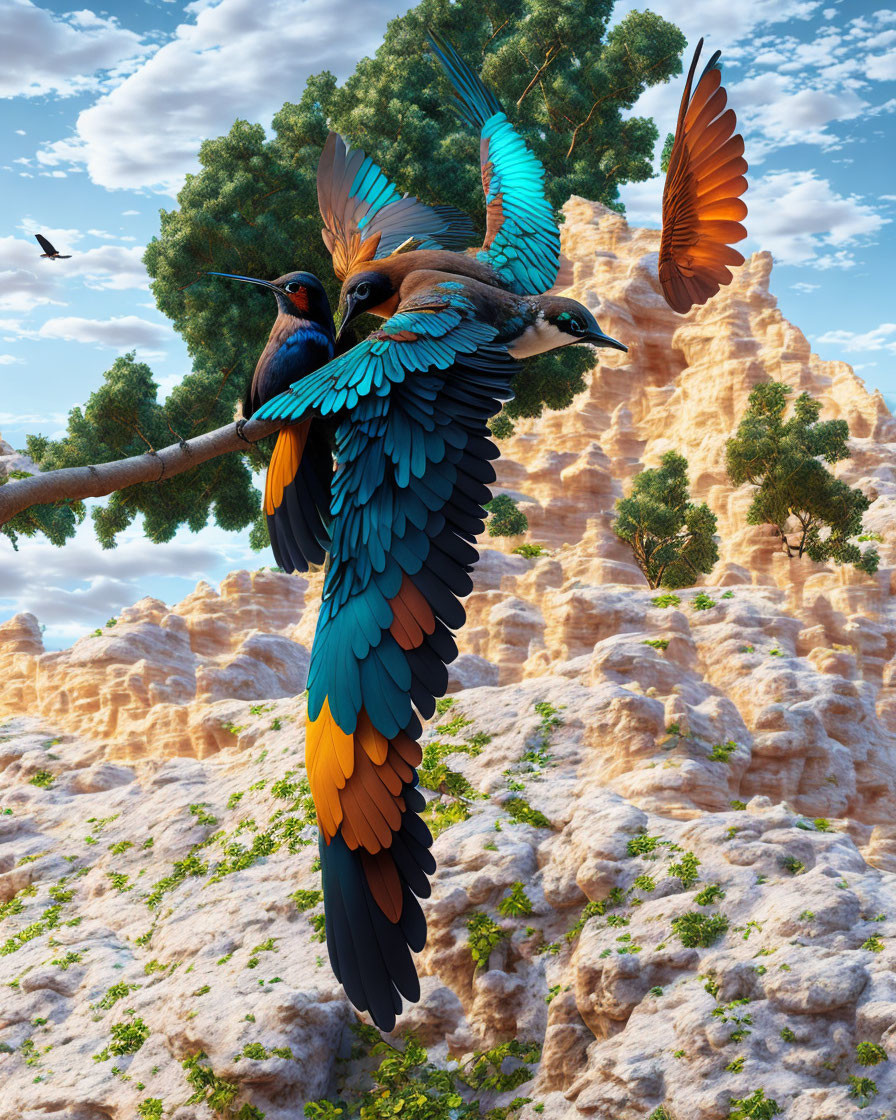 Colorful bird with expansive wings perched on tree branch against rocky cliffs and blue sky.