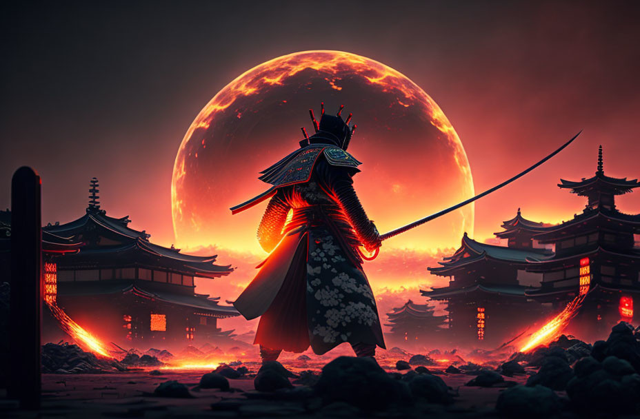 Samurai in traditional armor with katana under red moon in fiery Asian landscape