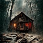 Cozy wooden cabin in foggy forest with clay pots