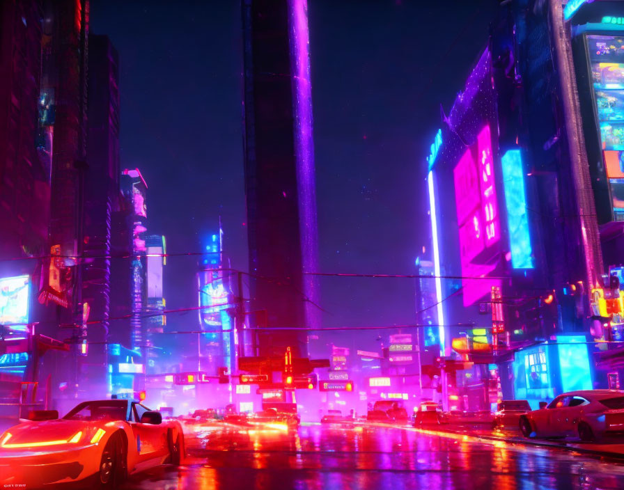 Vibrant neon futuristic cityscape at night with skyscrapers and cars