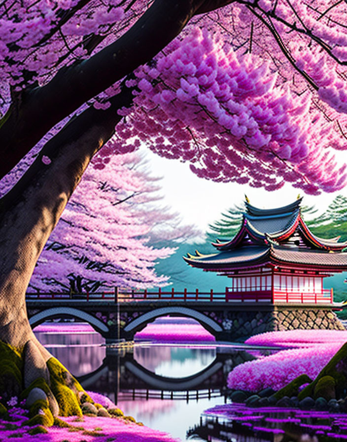 Cherry Blossoms Surround Japanese Pond and Pagoda at Dusk