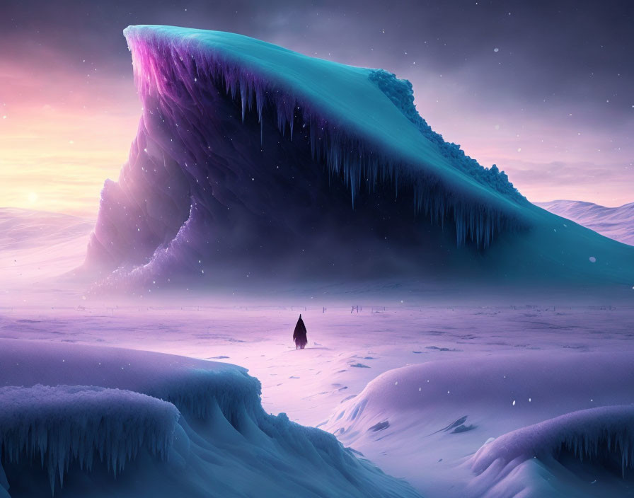 Person standing under massive ice wave in surreal landscape