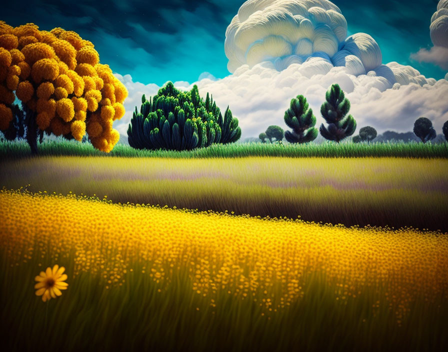 Golden-yellow Fields with Solitary Flower, Green Trees, Fluffy Clouds - Surreal Artistic