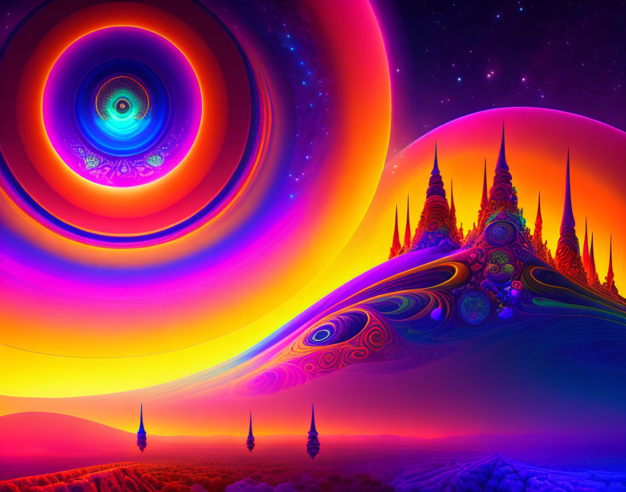 Colorful Psychedelic Landscape with Swirling Towers and Starry Sky