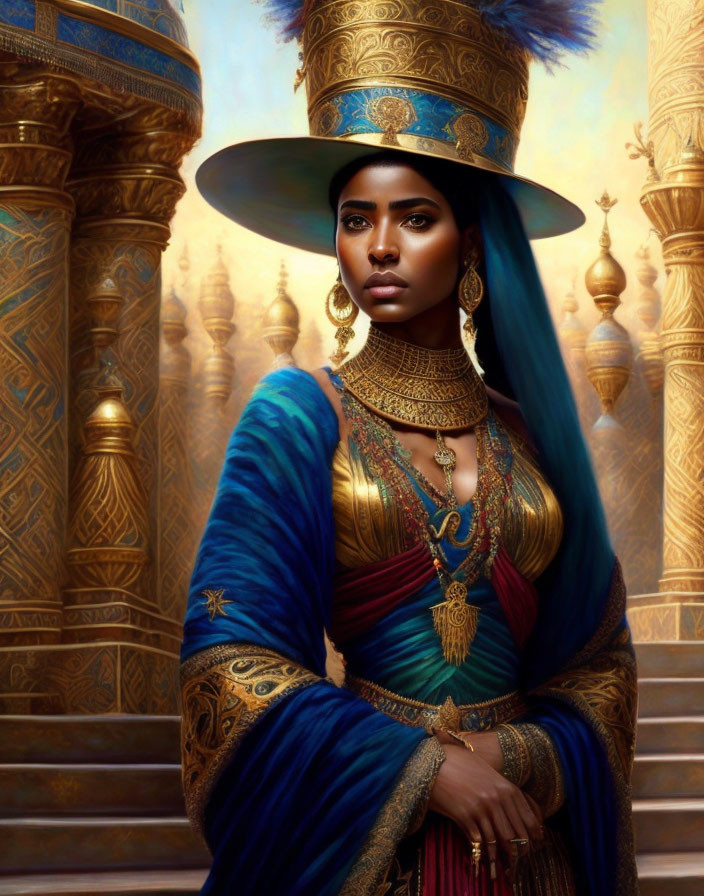 Regal Woman in Striking Blue Attire and Golden Jewelry Among Ornate Pillars