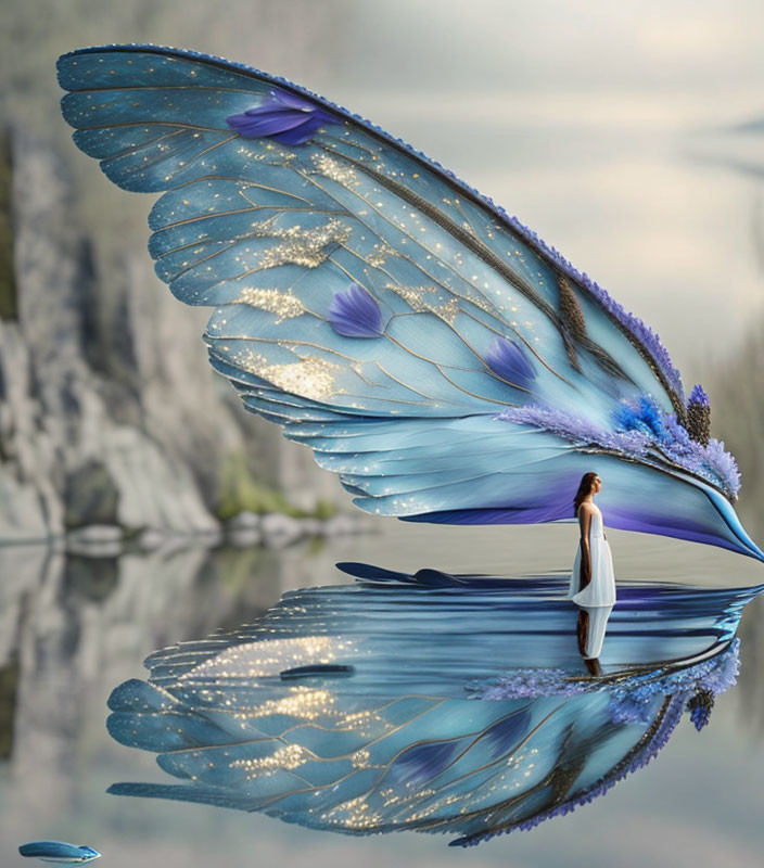 Woman standing in giant butterfly wing reflection on water