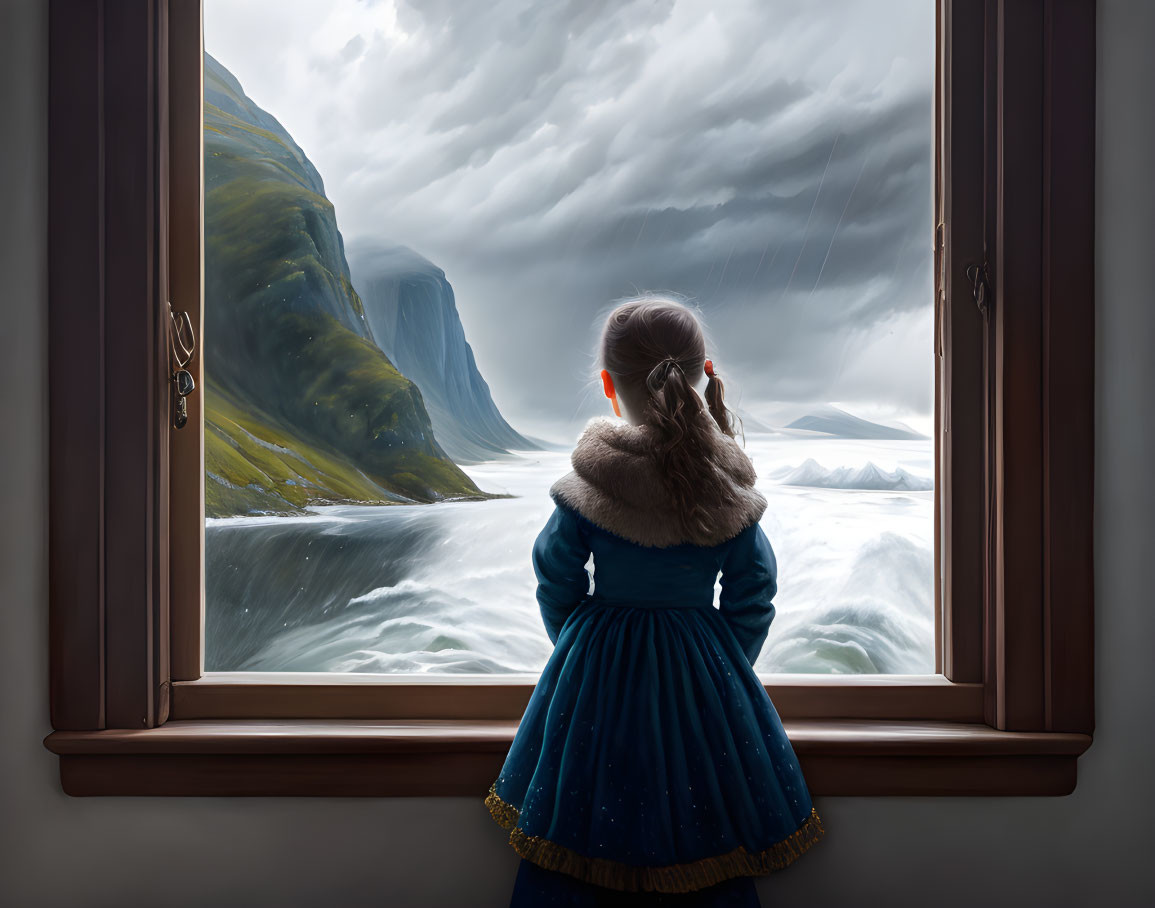 Young girl in blue dress looks out window at dramatic seascape