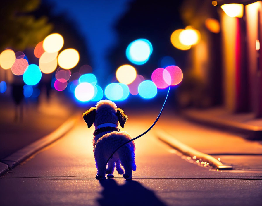 Small dog on leash in street at dusk with city bokeh lights