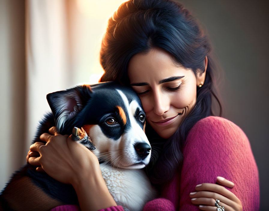 Woman lovingly embraces tricolor Corgi dog in tender display.