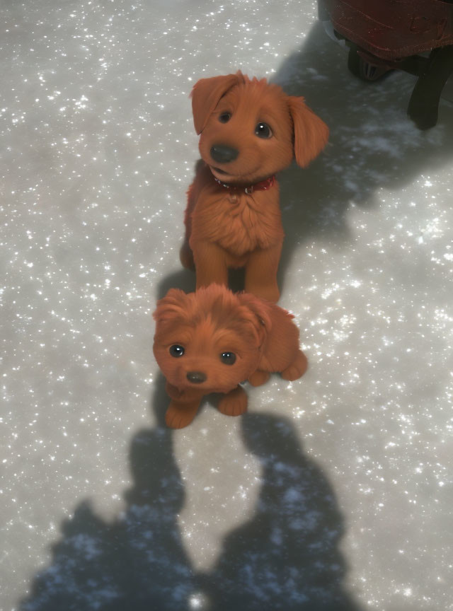 Two animated puppies on snowy ground casting shadows