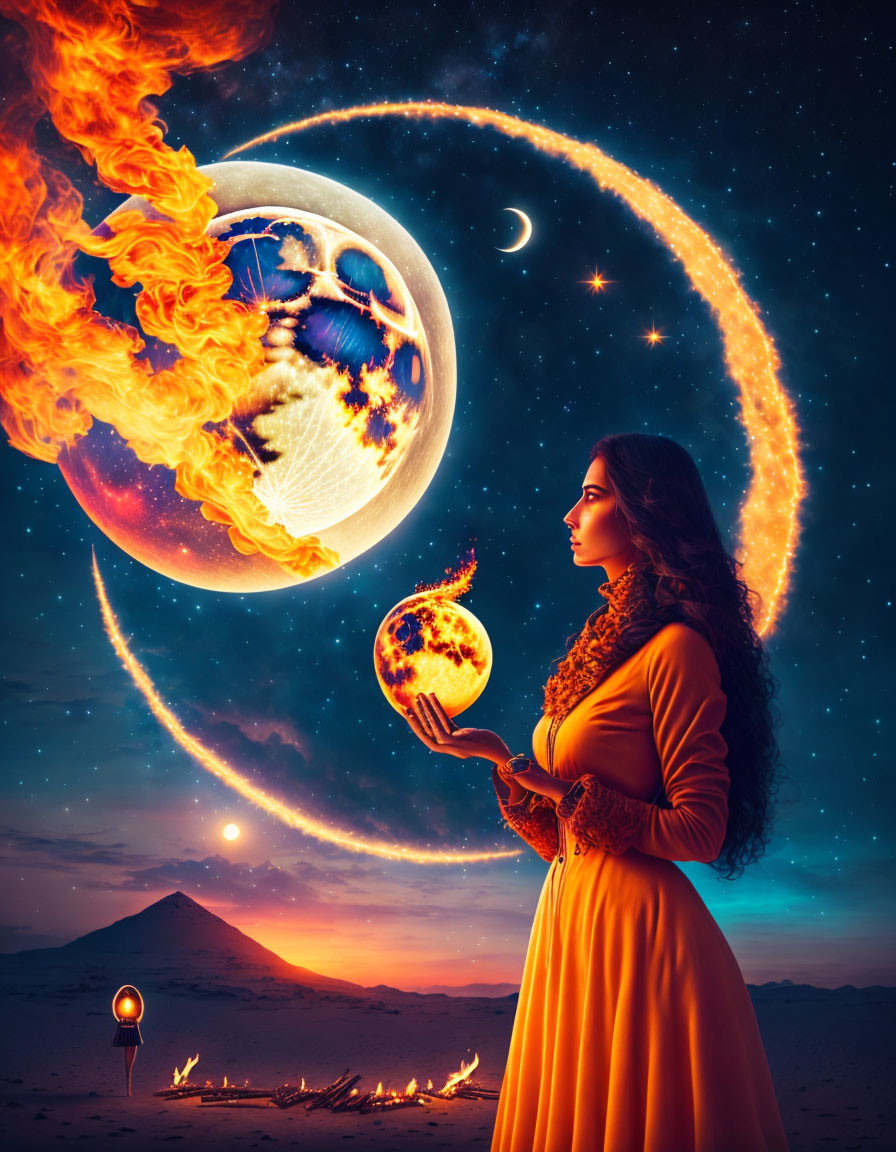 Woman in yellow dress holds flaming earth in surreal cosmic scene