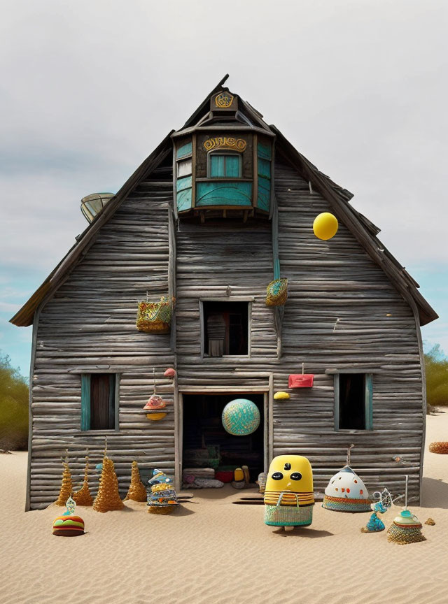 Colorful anthropomorphic food and items around whimsical slanted wooden house