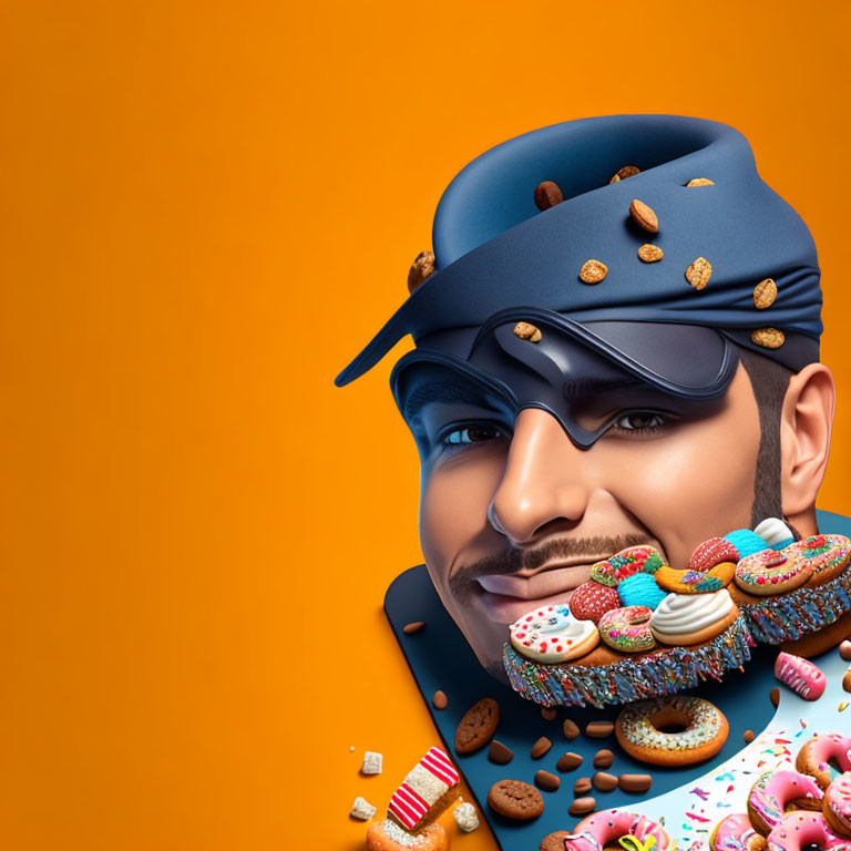 Cap-wearing bearded character with sweets on orange backdrop