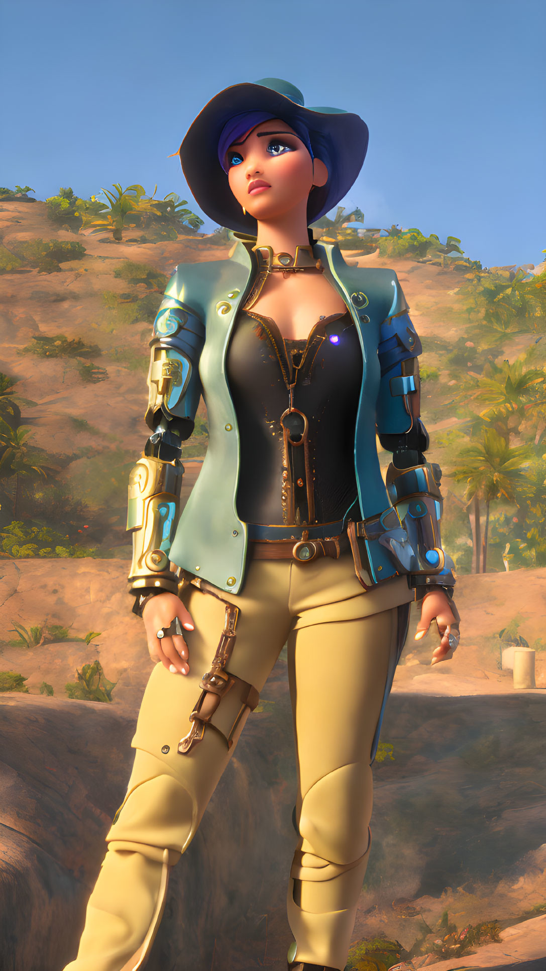 3D animated female character in sci-fi outfit on desert terrain