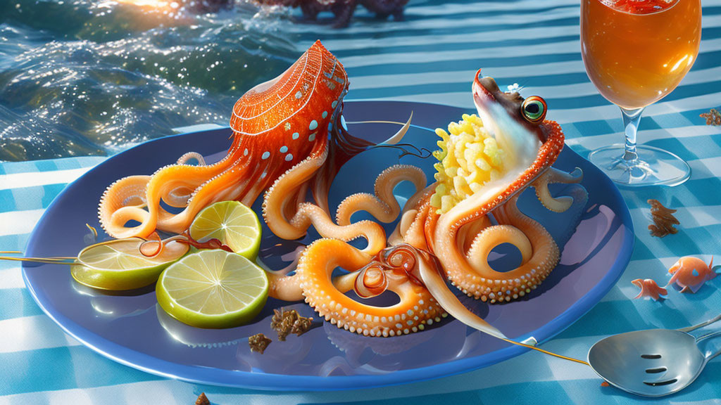 Illustration of fish and octopus on plate with lime, drink, ocean backdrop