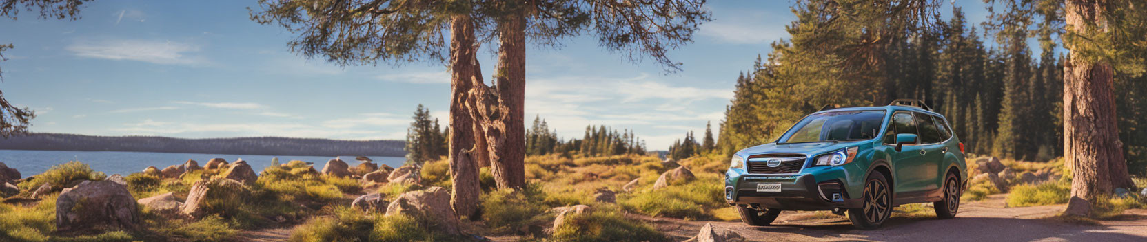 Blue SUV parked in serene forest with pine trees and lake.