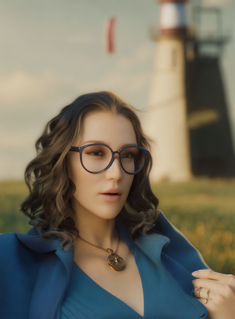 Curly-haired woman in glasses wears blue jacket with lighthouse backdrop.