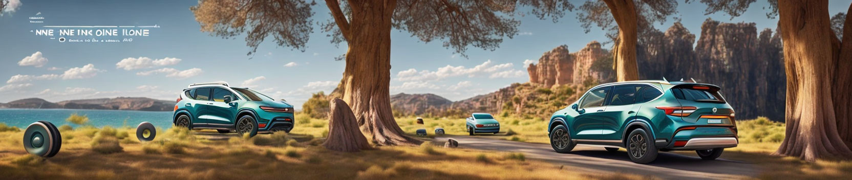 Turquoise SUVs parked in desert landscape with lake and red rocks