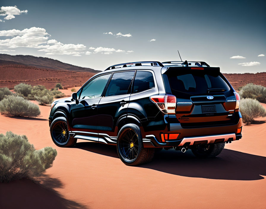 Black SUV with Orange Details Parked in Desert Landscape