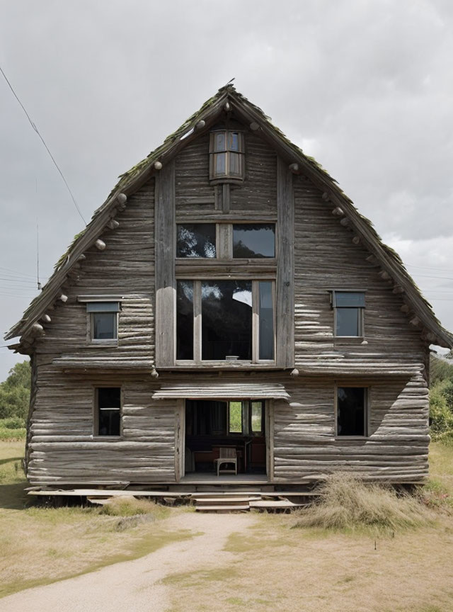 Unique Wooden House with Face-Like Features in Grass Field