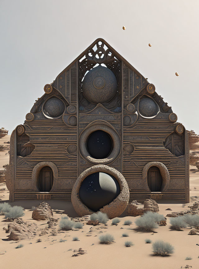 Surreal ornate building with circular voids above desert landscape