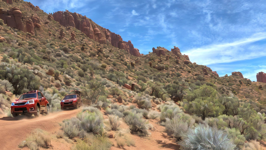 Red rock formations and SUVs on dusty trail under blue sky