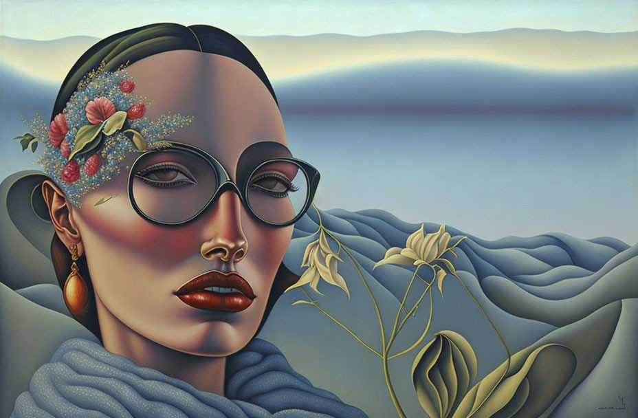 Surreal portrait of woman with round glasses and flower-adorned hair