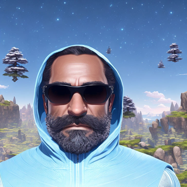 Bearded Man in Sunglasses and Blue Hoodie in Fantasy Landscape